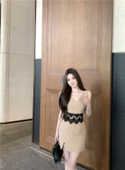 Real shot of aristocratic temperament and slinging women's summer lace splicing sleeveless off-shoulder slit dress