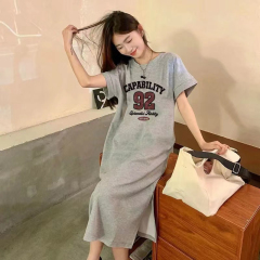 Korean foreign trade Korean version of summer loose fat MM large size printed slit T-shirt dress long over-the-knee women's skirt