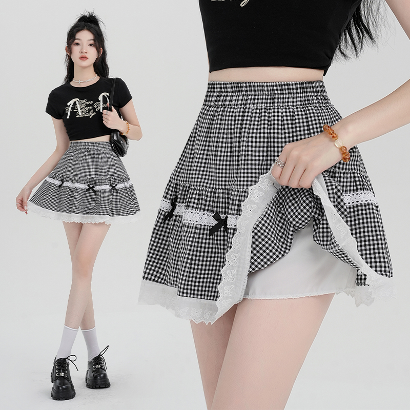 Real shot of lace edge bow contrast splicing plaid skirt for women in spring 2025 pleated cake puffy skirt