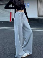 Fall and winter gray wide-leg sports pants for women with high waist draping straight elastic drawstring loose casual American sweatpants spring