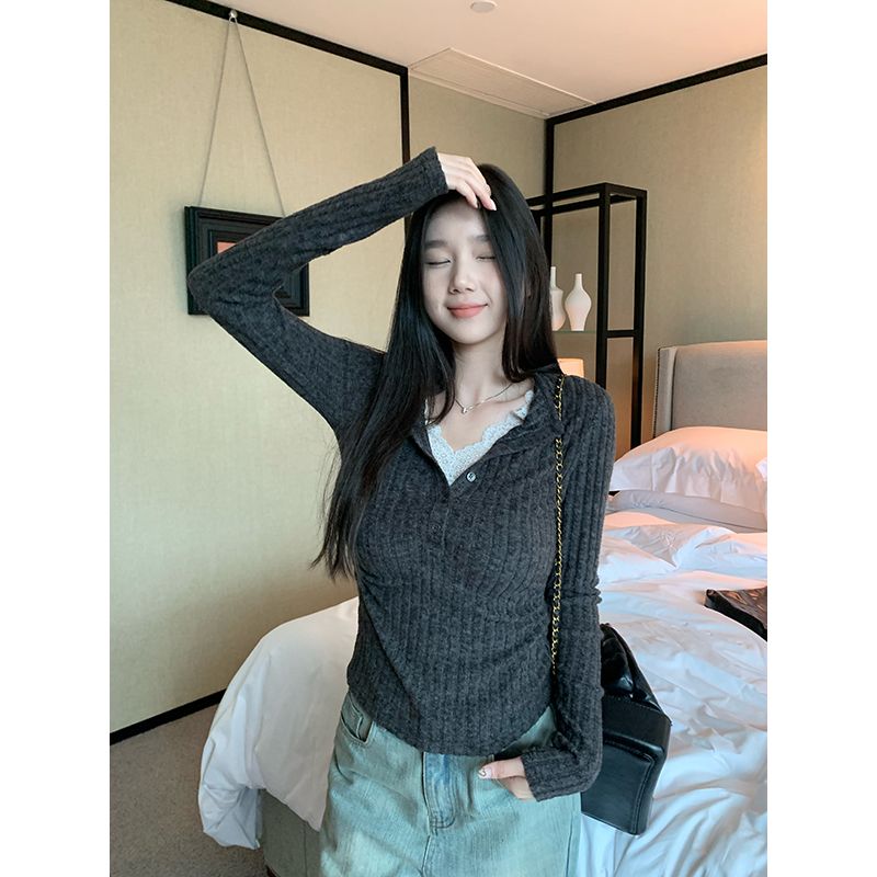 原版面料設計感深灰色假兩件蕾絲女秋冬季修身顯瘦上衣打底衫