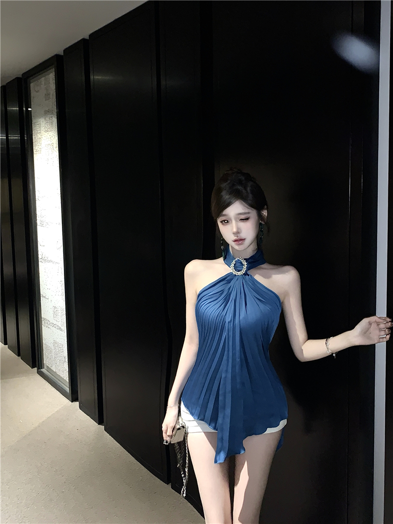 Real shot~ Heavy Industry Pleated Blue Hanging Neck Sling Dress for Women