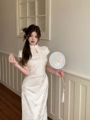 Real shot of new Chinese style improved long waist short-sleeved jacquard cheongsam dress simple Chinese style hip-covered skirt