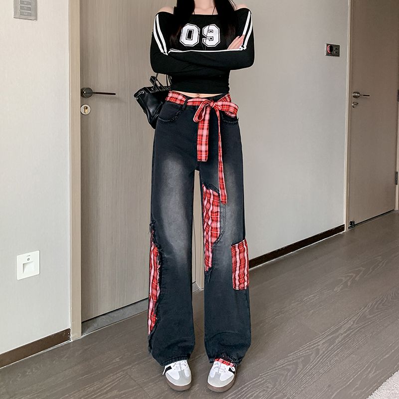 Real shot~ Black spliced ​​bow wide-leg jeans for women's spring new high-waist loose straight-leg pants