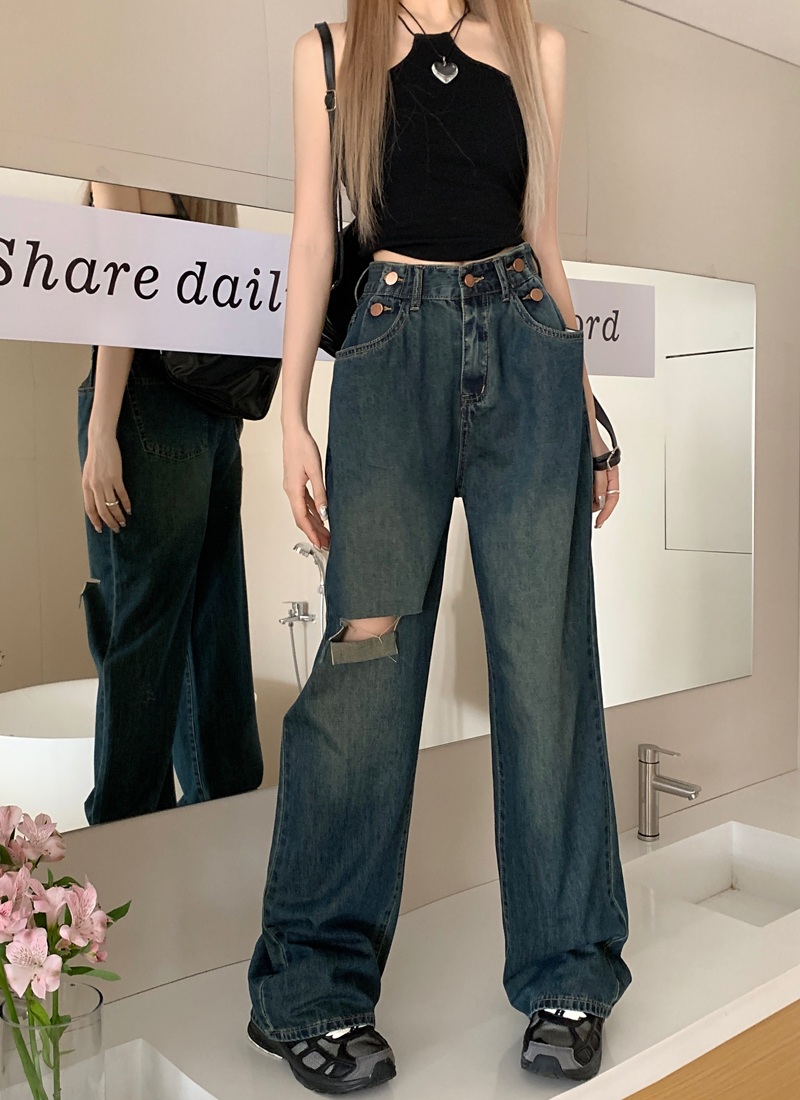 Real shot 2025 spring high-waist Korean version of ripped wide-leg pants jeans women's loose straight floor trousers