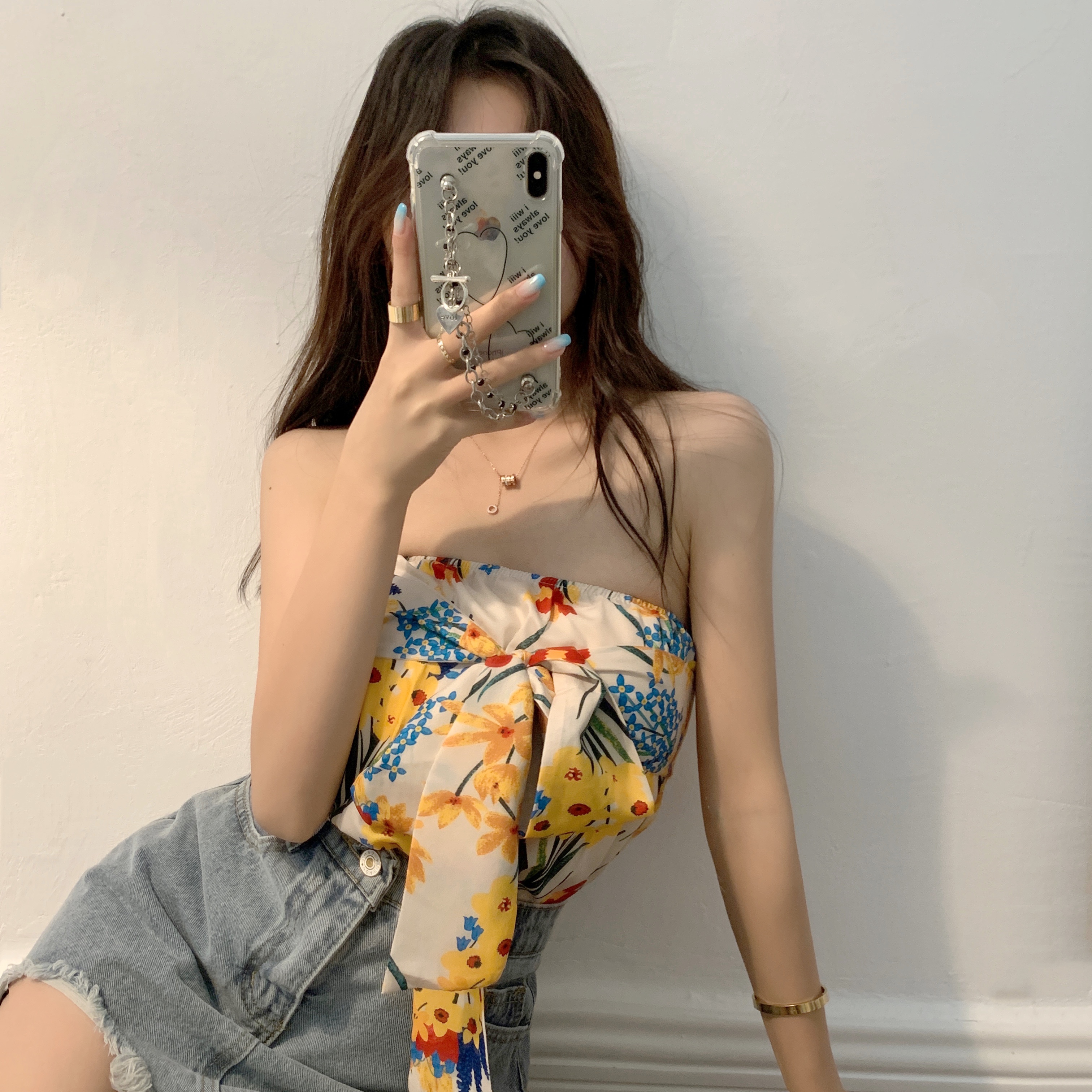 Real shot of new summer floral suspender straps and Korean version sexy slim vest design shoulderless top for women
