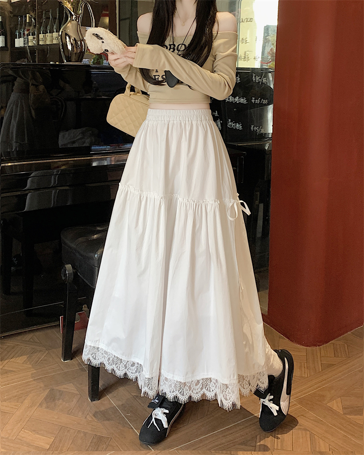 Real shot~Elastic waist, earrings, lace splicing, tied skirt for women's new high-waisted slim A-line long skirt