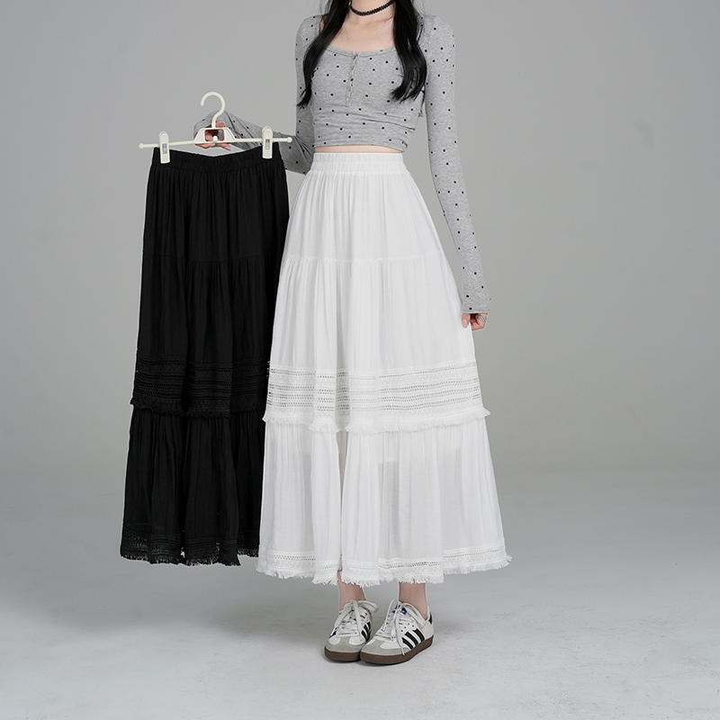 Real-life spring and summer gentle style white lace spliced ​​fluffy cake skirt mid-length A-line large umbrella skirt