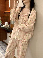 Real shot of Korean version of sweet floral cotton autumn fresh loose casual long-sleeved home clothing set