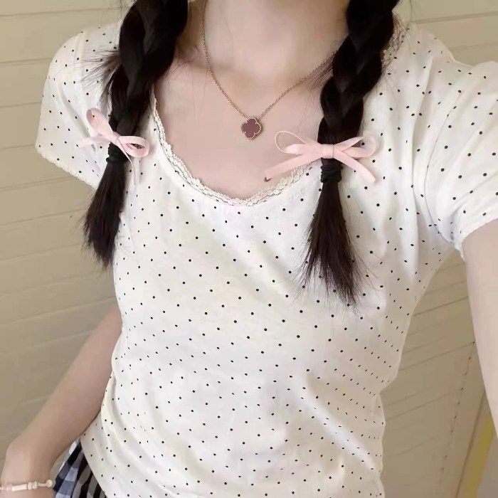 官圖 260隨心裁法式純欲白色蕾絲花邊波點短袖t恤女