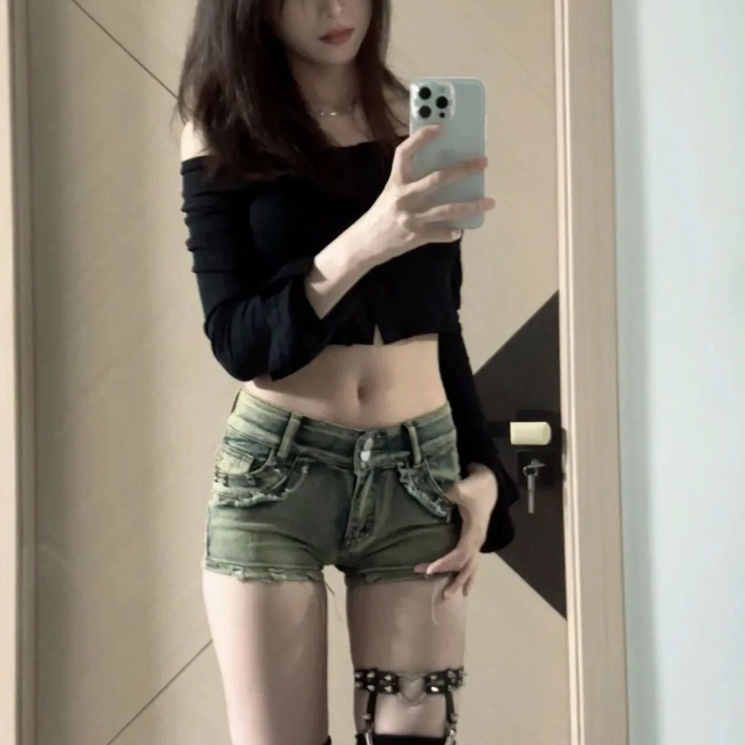 低腰辣妹夏季美式牛仔超短褲女設計感柳釘彈力緊身跳舞熱ins短褲