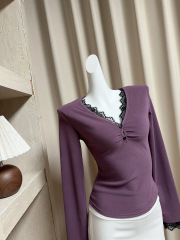 1*1 230克德絨蕾絲拼接v領長袖T恤辣妹設計感紫色打底上衣