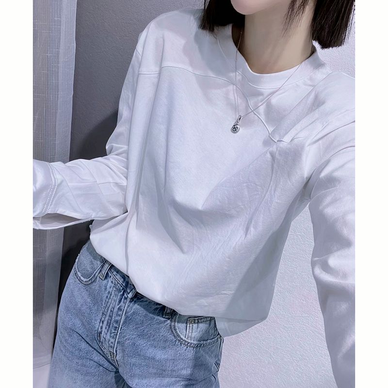 春秋新款簡約白色打底衫女內搭純棉寬鬆襯衫袖別致長袖t恤上衣ins
