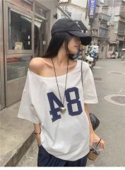 Export Original Version Korean Version New Style Color Cotton Lettering Shoulderless T-Shirt Women Summer Lazy Style Casual Medium Length 