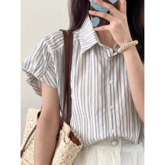 Korean foreign trade Korean original quality Japanese striped short-sleeved shirt for women in summer fashionable temperament polo collar shirt