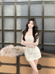 Real shot of retro sexy pure slim fit and slim mesh spliced ​​long sleeve hip-pack short skirt dress for women