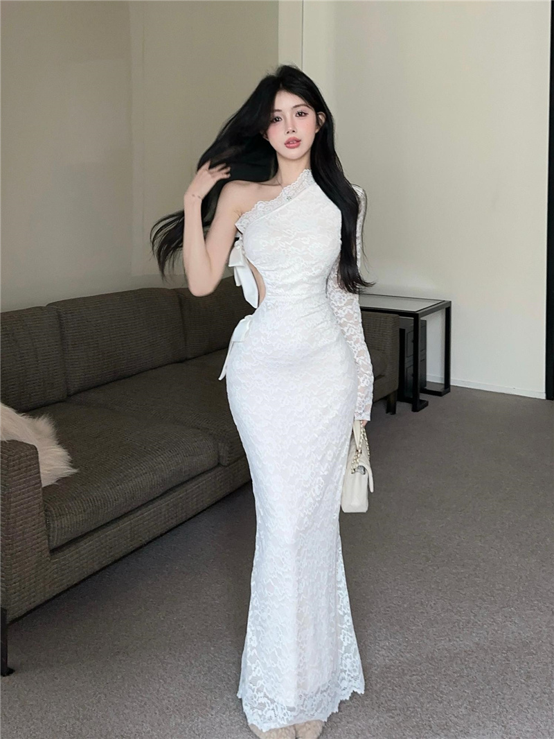 Real photo of lace bow hollow long sleeve one-shoulder diagonal collar dress