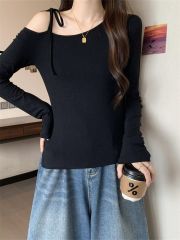 260克人棉莫代爾別致系帶露肩長袖T恤辣妹抽繩修身不規則上衣