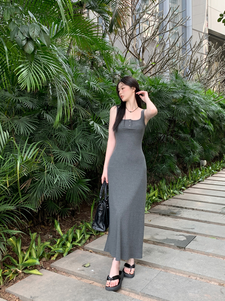 外貿純欲風紐扣背心連衣裙女夏季氣質收腰顯瘦A字包臀裙長裙
