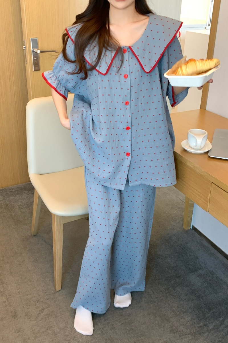 Real shot Korean version loose and lazy soft skin-friendly loose and casual large lapel contrasting lace home clothing set