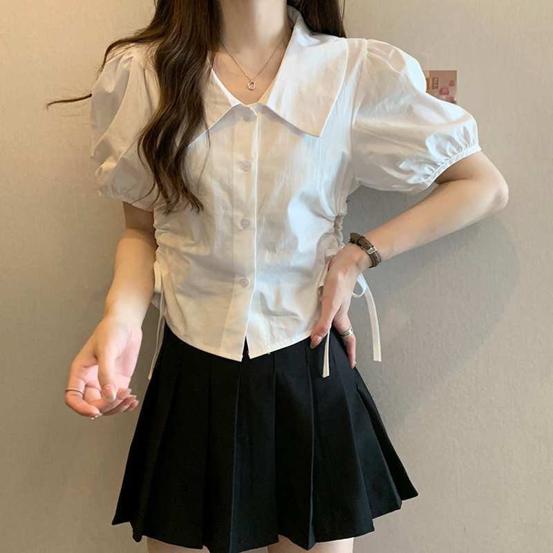 Summer new large-size women's French doll collar shirt niche drawstring chic short top M-4XL 200 catties