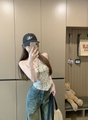 Real shot of summer retro French sexy slim and versatile design hot girl wearing breasts outside