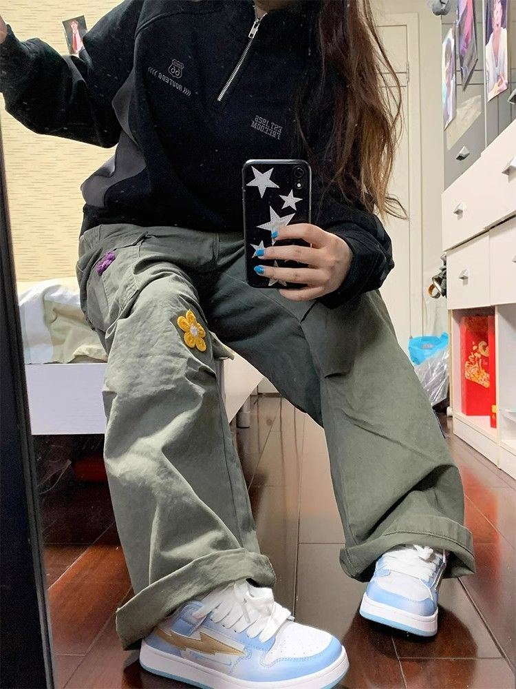 American retro diamond orchid work pants for women spring couple loose casual drawstring straight wide-leg trousers