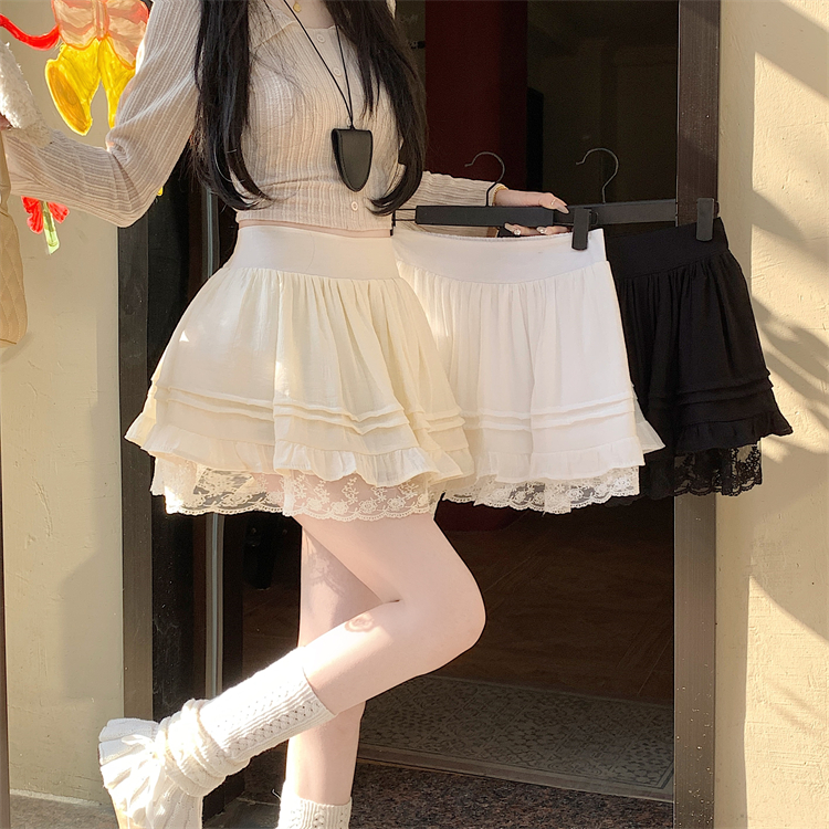 Real shot~White sweet lace fluffy cake skirt for women's new high-waisted slim A-line skirt