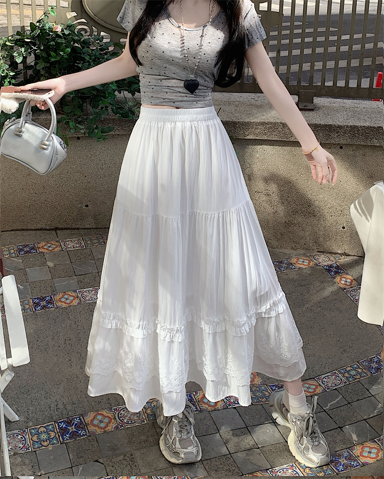 Real shot~ Lace spliced ​​high-waisted skirt for women's new gentle style super fairy temperament A-line cake long skirt