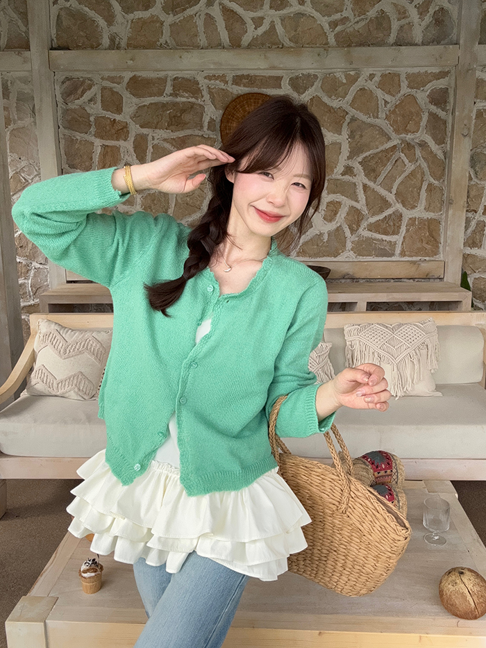 Real shot~ Spring new Korean version loose tender sweet lace suspender Korean knitted cardigan two-piece set