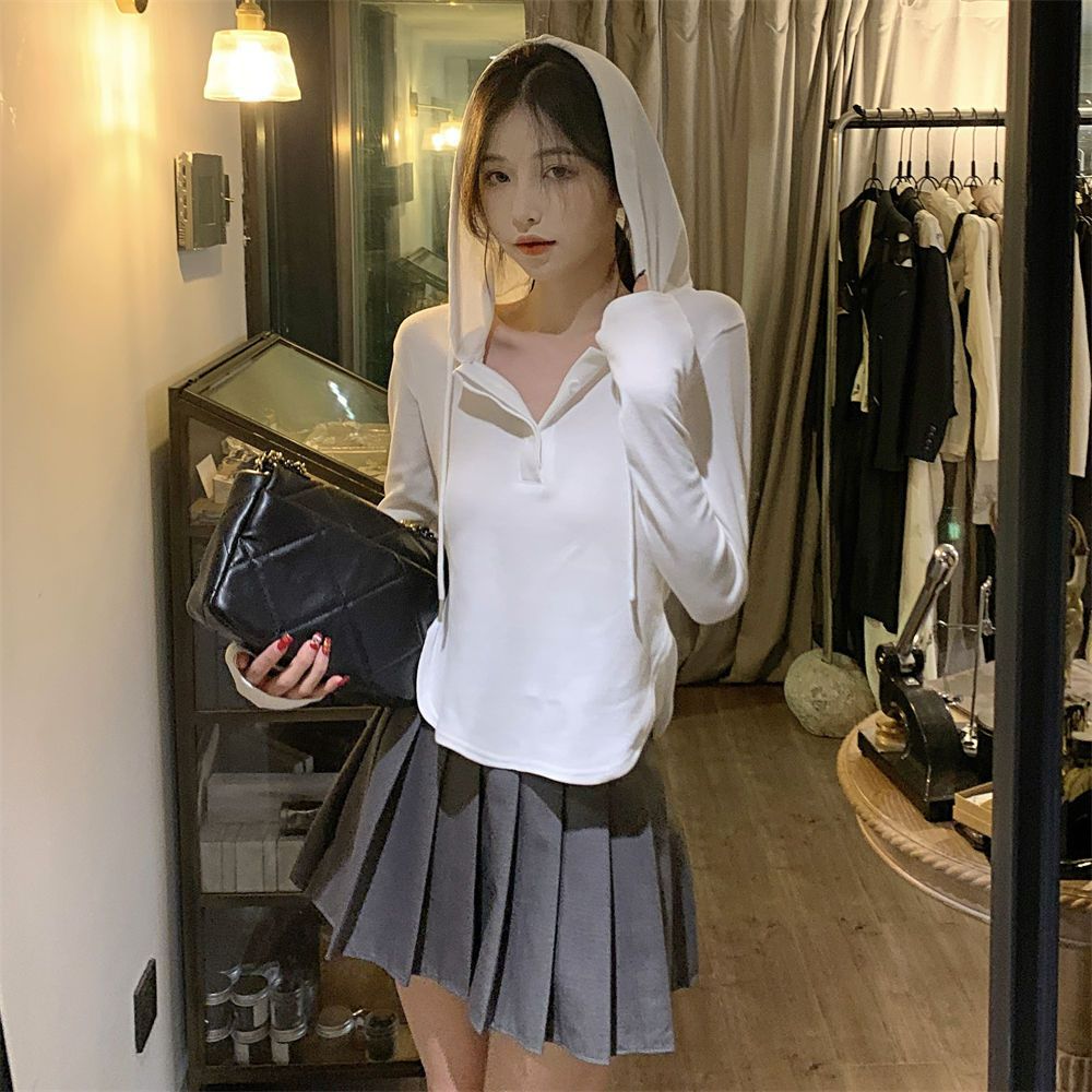 早秋韓版ins風連帽設計感長袖純色內搭小眾長袖純美簡約