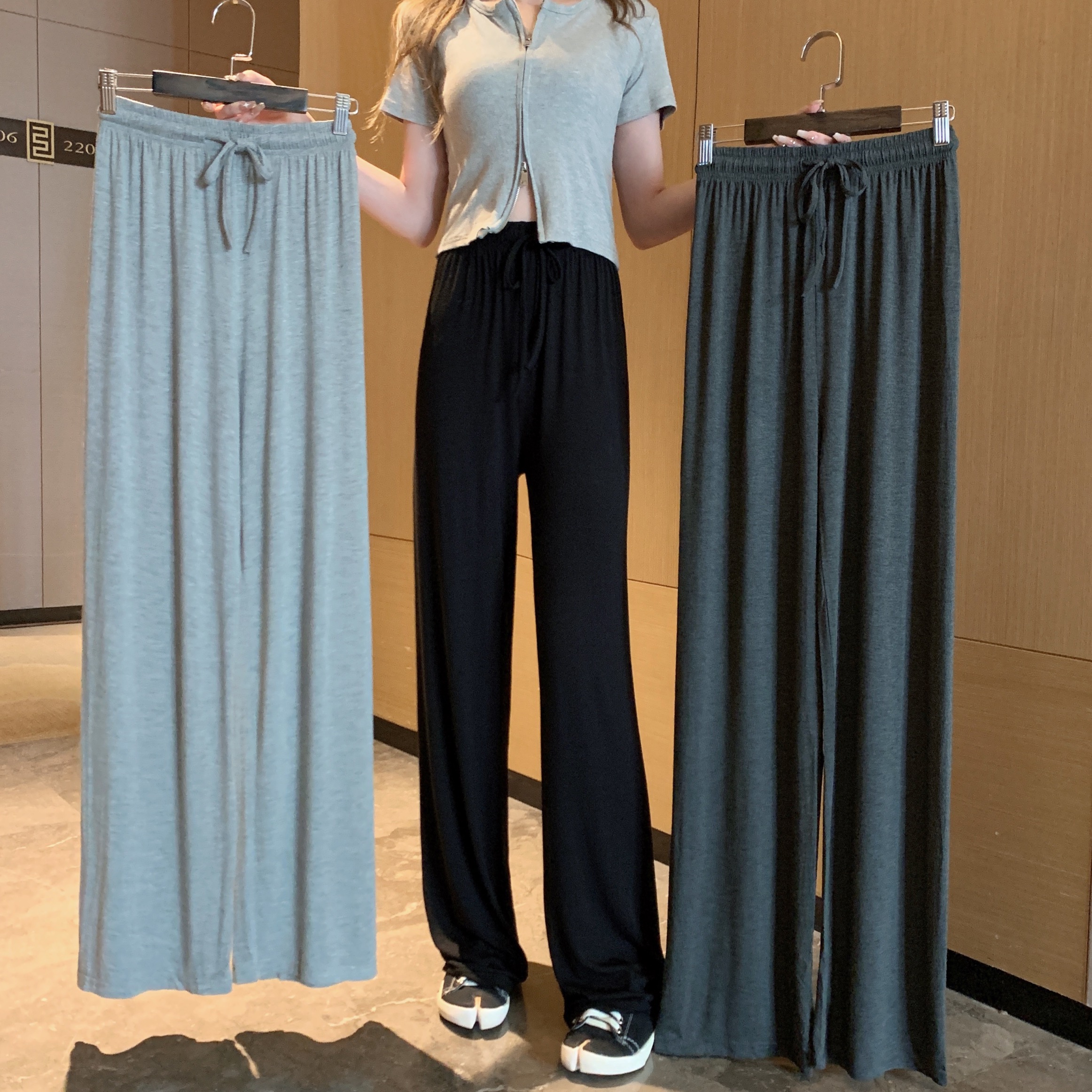 Real photo of modal wide-leg pants for women in summer thin loose high waist drape straight-leg casual sun protection pants