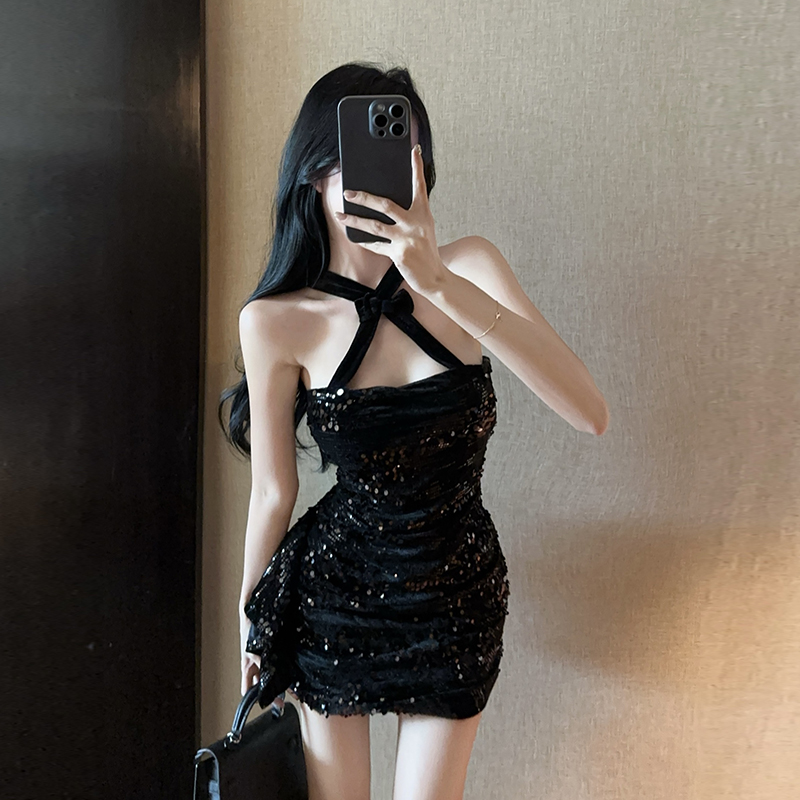 Real shot Cross halter neck sequin dress
