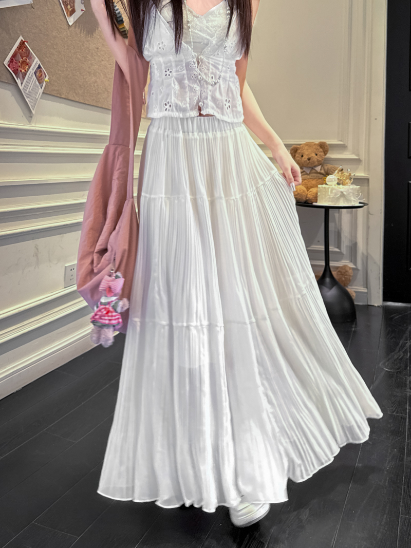 Real shot of spliced ​​pleated skirt for women mid-length spring ballet style high waist cake skirt slim A-line skirt
