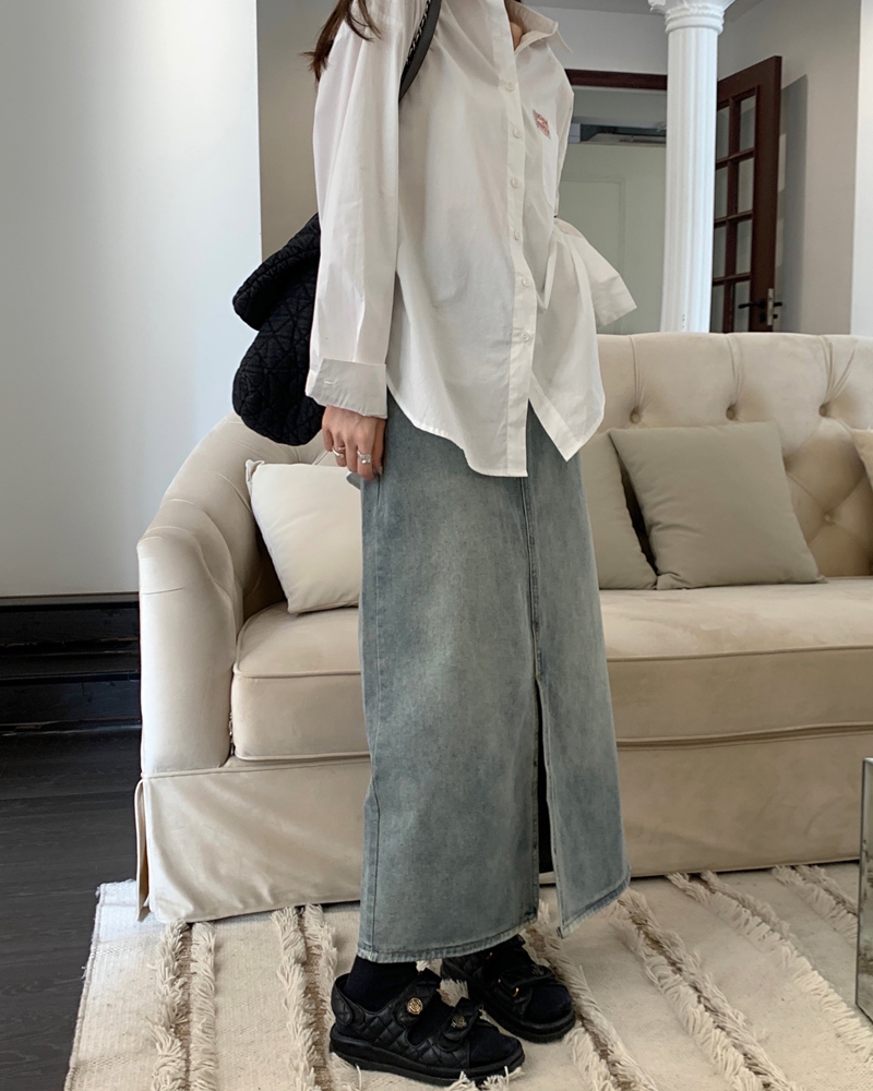 Real shot of 2025 spring retro Korean skirt for women mid-length slit A-line high-waisted slim straight skirt