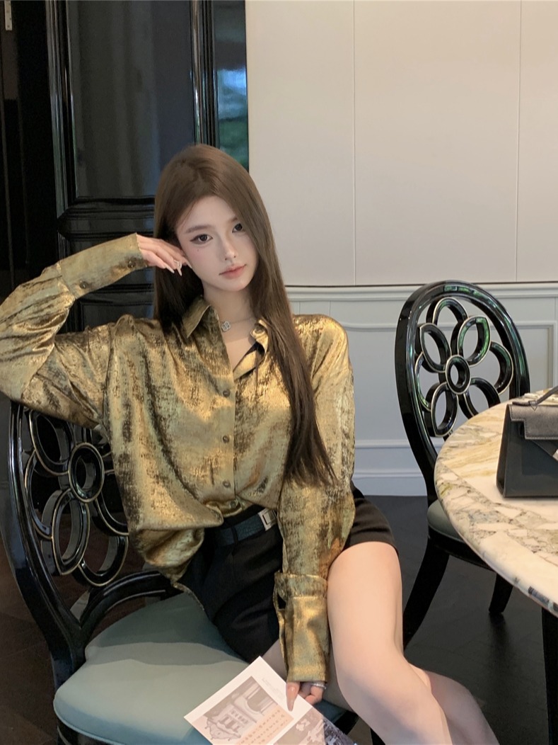 Real shot of female celebrity Rose golden versatile casual long-sleeved shirt temperament top