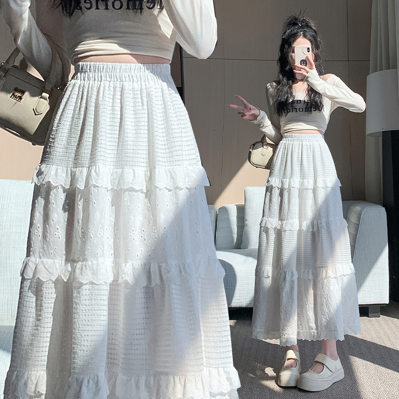 Real-life spring and summer lace splicing versatile and comfortable women's new loose slim elastic waist skirt white midi skirt