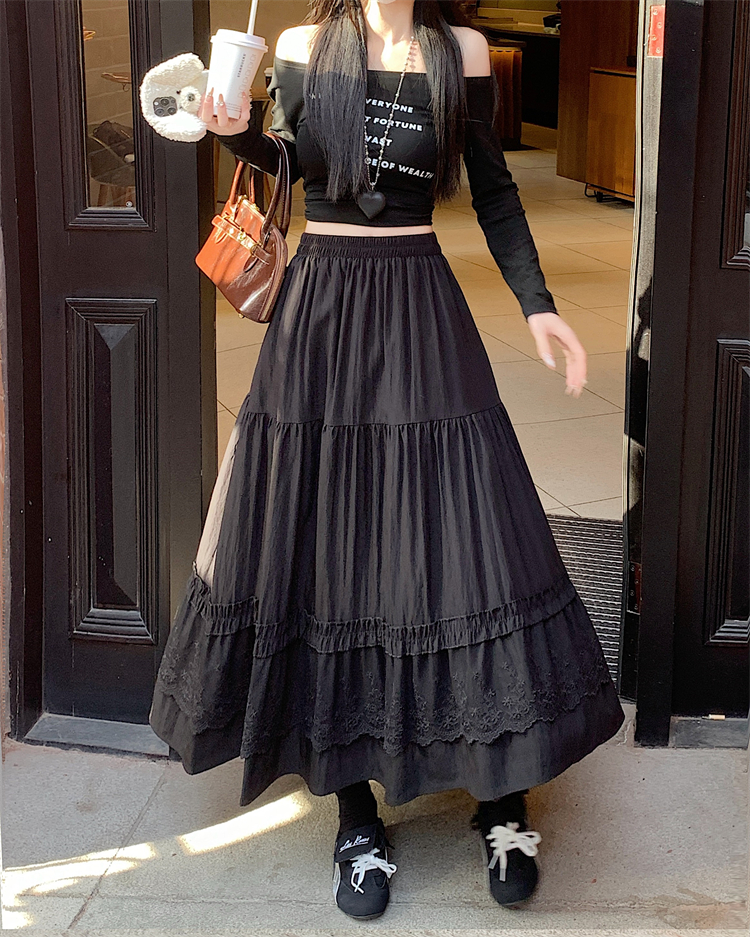 Real-life price lace spliced ​​high-waisted skirt for women in spring new gentle style super fairy temperament A-line cake long skirt