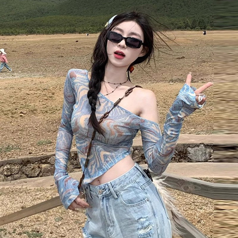 韓國外貿 辣妹美式露肩長袖T恤女秋微透視修身防曬網紗罩衫上衣