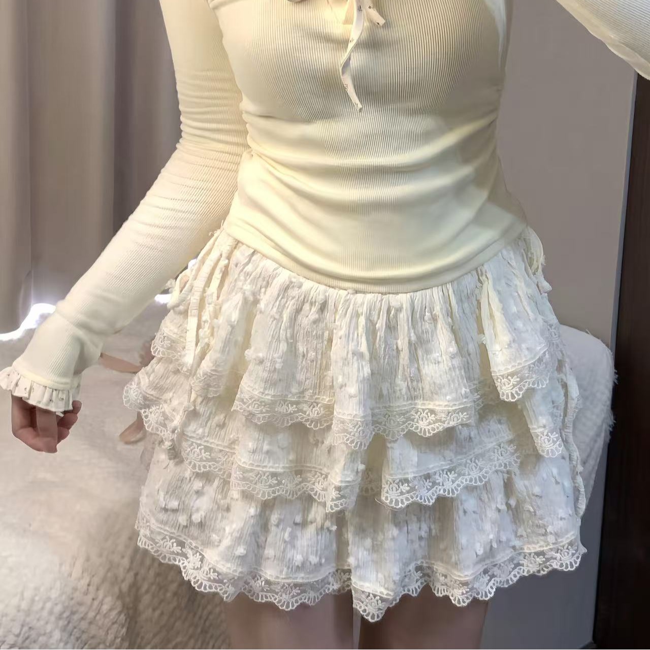 原版做法提花蛋糕短裙女蕾絲甜美鬆緊腰蓬蓬A字半身裙