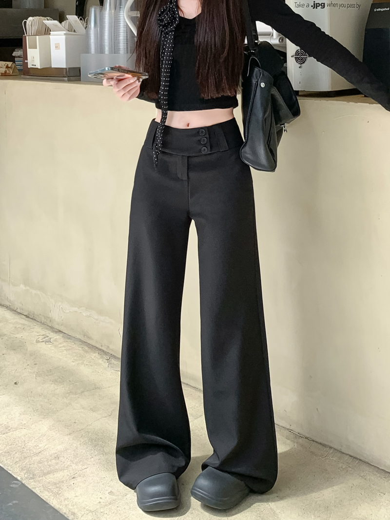 Real photo Solid color button micro-flare trousers for women, draped loose high waist pants 2025 casual floor trousers