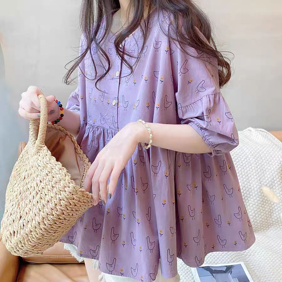 2025 summer large size women's doll shirt sweet French round neck puffed lantern floral shirt M-4XL 200 catties