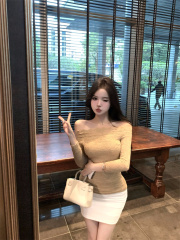 實拍  超御顯白 氣質蕾絲一字肩半袖打底上衣