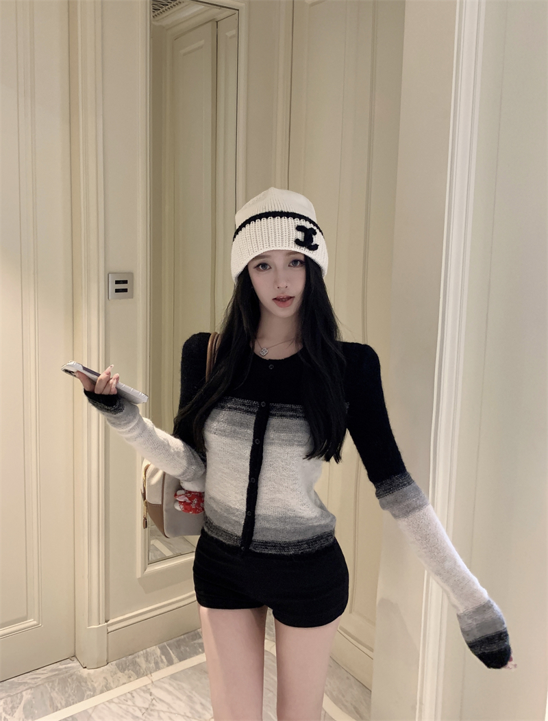 Real photo of mohair gradient knitted sweater new lazy style sweater retro long-sleeved cardigan top