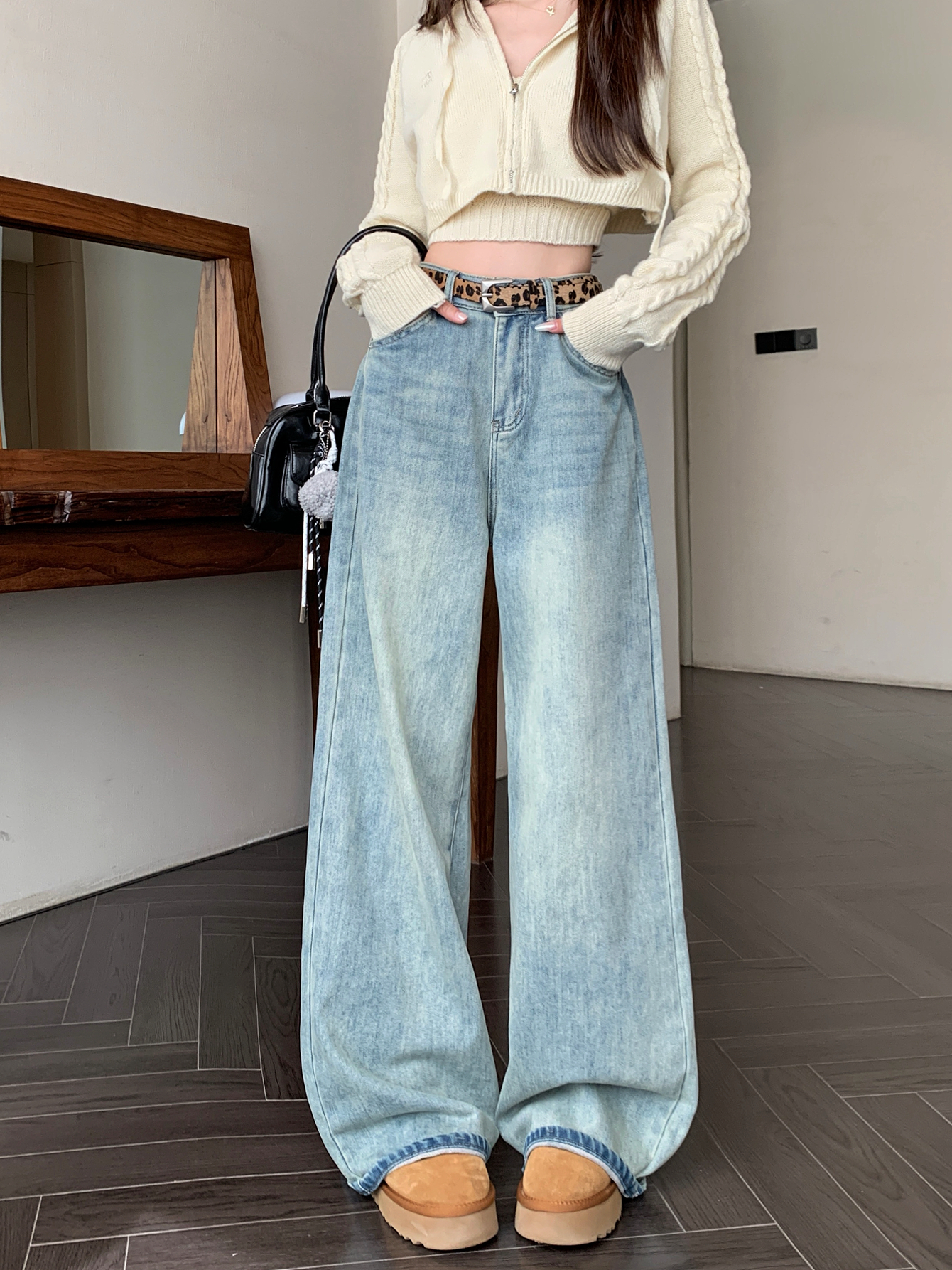 Real shot #New straight jeans for women with high waist design curled edges loose wide-leg floor trousers
