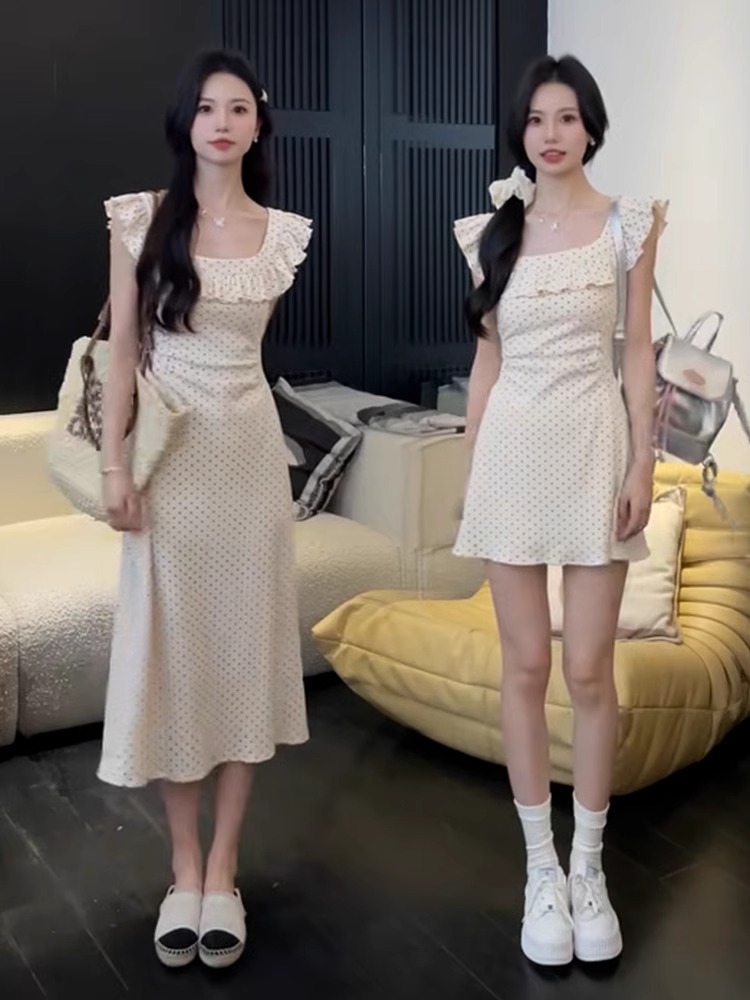 小飛袖娃娃領波點連衣裙子女夏季2025新款小個子梨形身材法式長裙