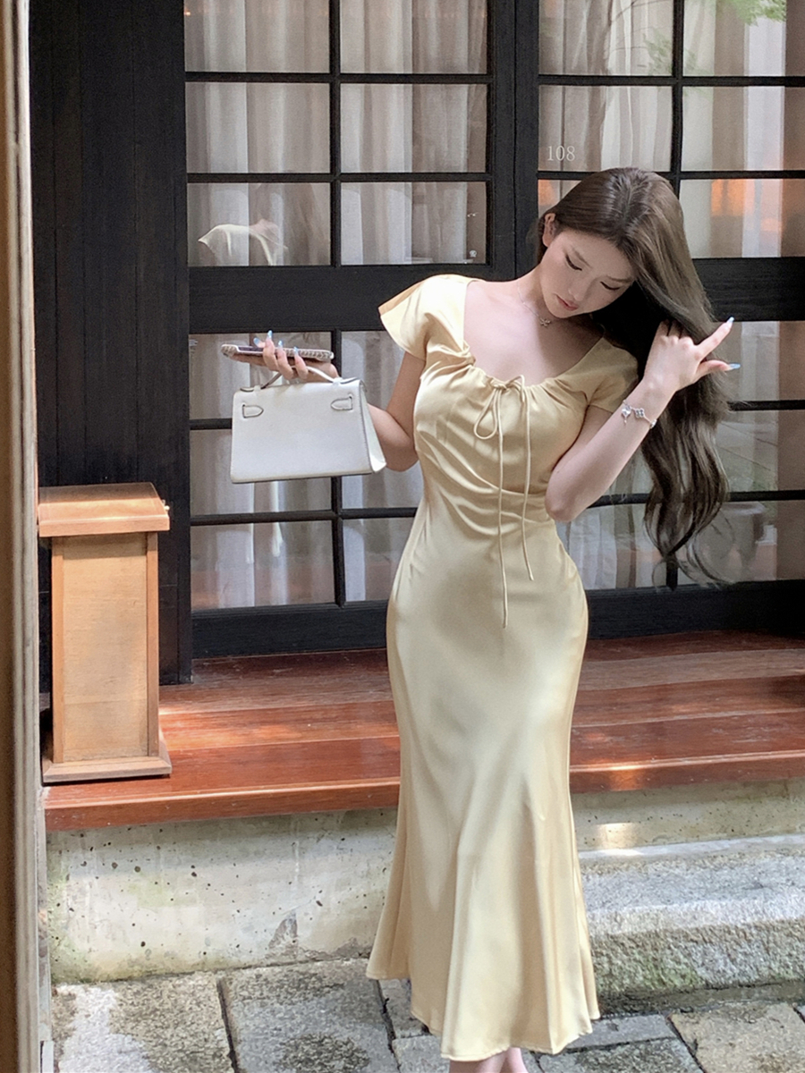 Real shot of retro sexy short-sleeved drawstring lace waist-hugging slimming dress satin fishtail long skirt for women