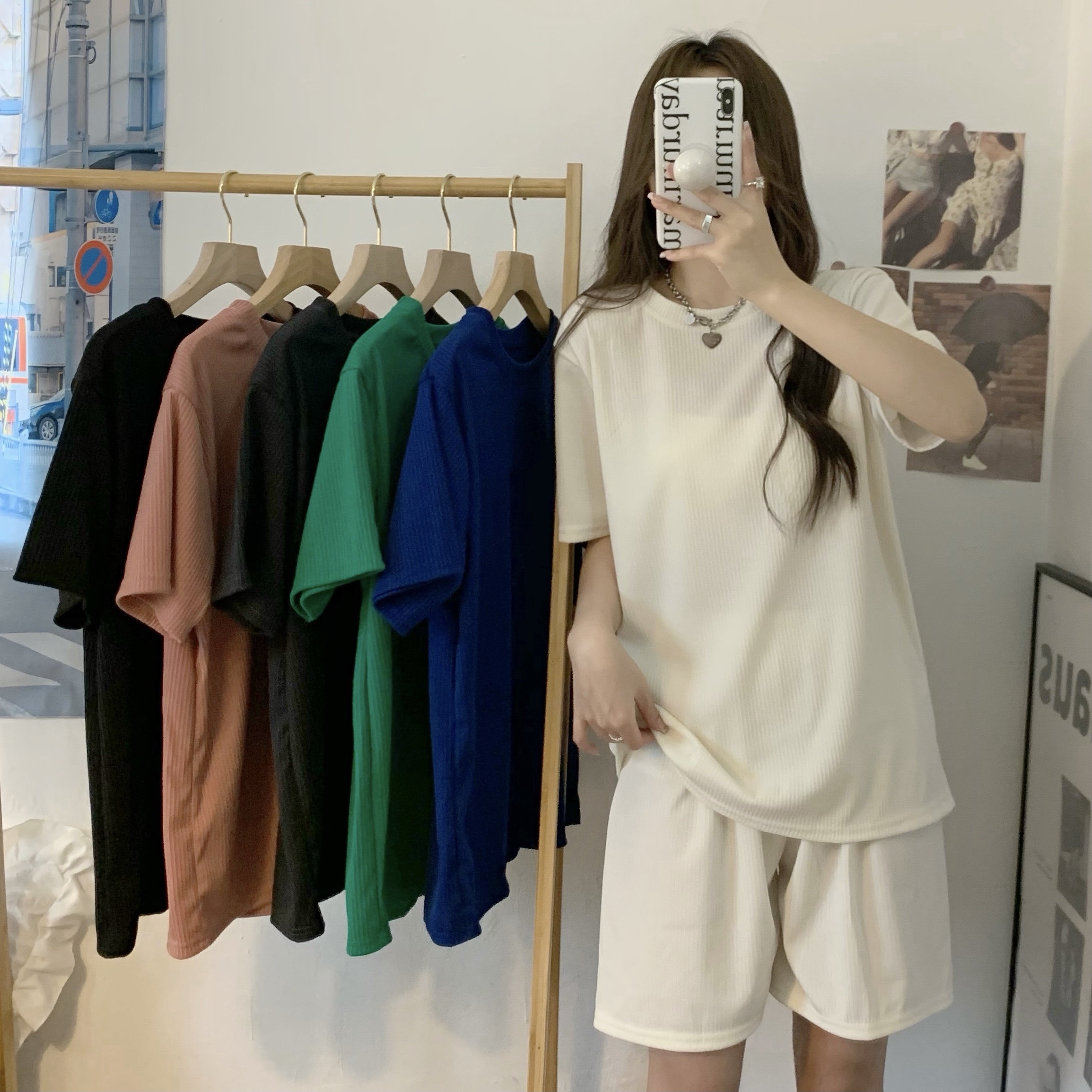Real shot Korean casual ice silk snake bone pattern set summer new loose solid color sports two-piece set