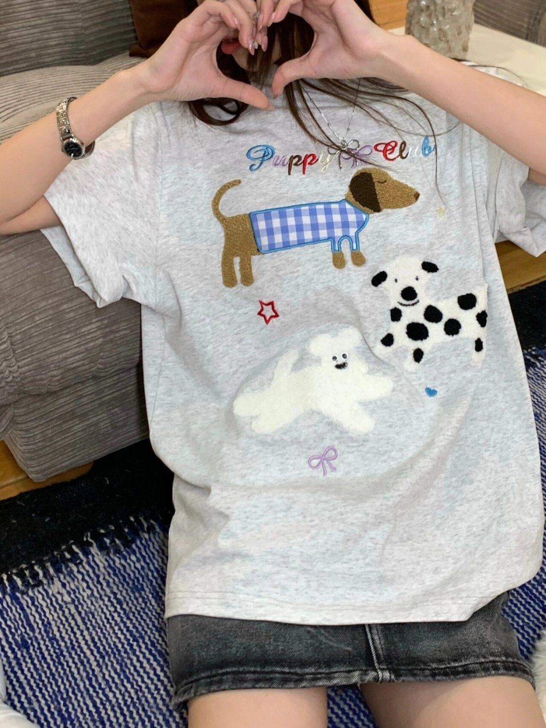 毛巾刺秀+刺秀貼布純棉200克精梳緊密賽絡紡短袖t恤女