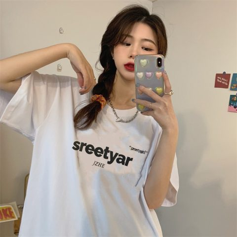 韓國外貿上衣夏季短袖T恤女韓版寬鬆失蹤中長款簡約半袖打底女